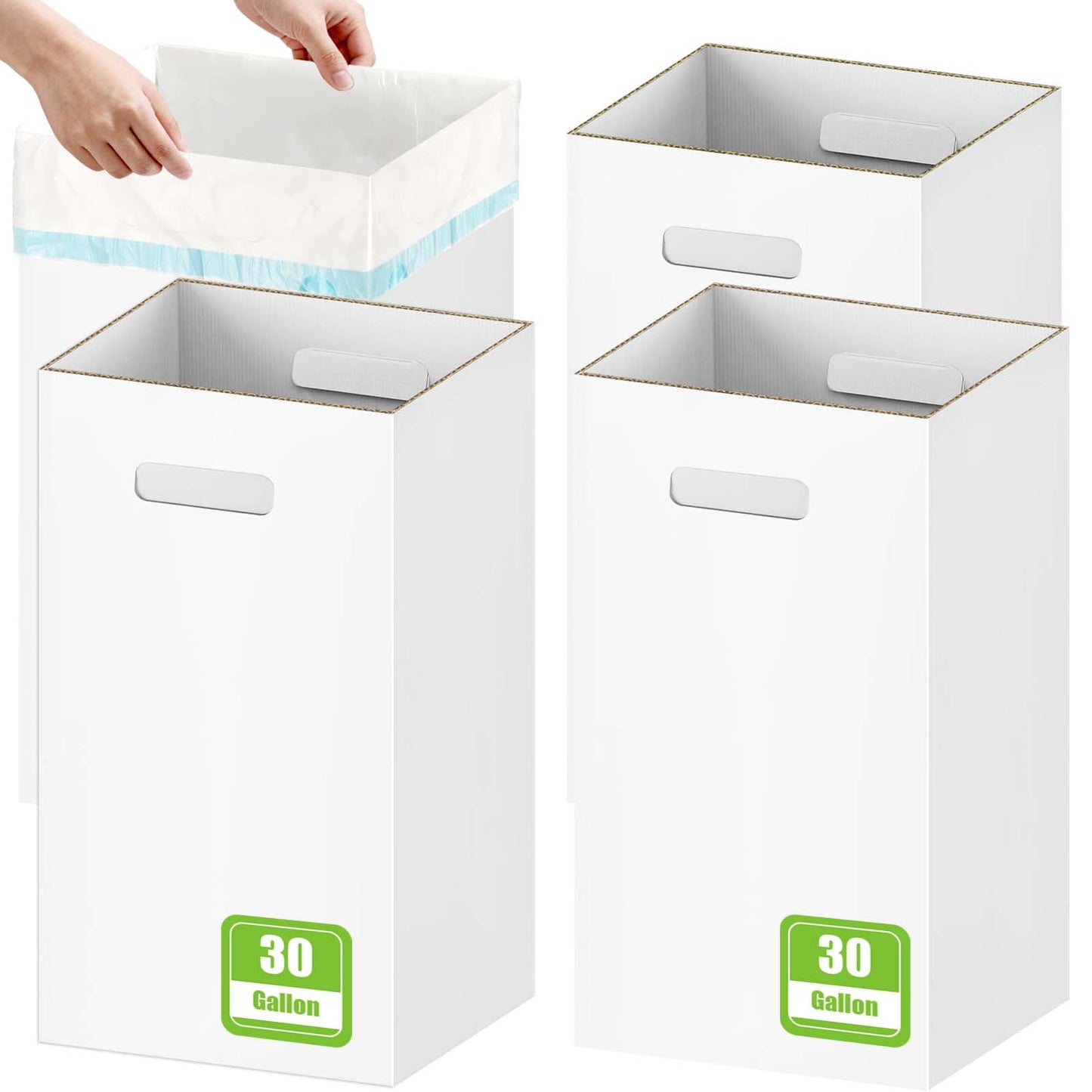 Ickimee 4 Pack 30 Gallon Extra Strong Corrugated Cardboard Disposable Trash Cans for Parties & Events – Heavy Duty Reusable Portable Garbage Cans, Recycling Trash Bins, (White, 30" H x 14" W x 14" D)