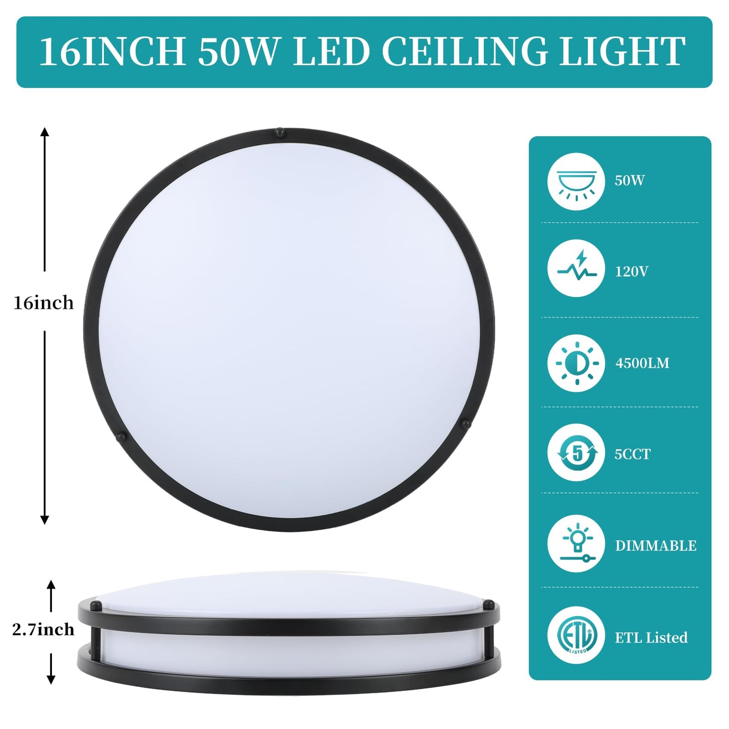 16Inch LED Ceiling Light Fixtures, Flush Mount Light Fixtures 50W, 5CCT Adjustable 2700K 3000K 4000K 5000K 6500K, Close to Ceiling Light for Kitchen Hallway Bathroom Kitchen Bedroom Black 2 Packs
