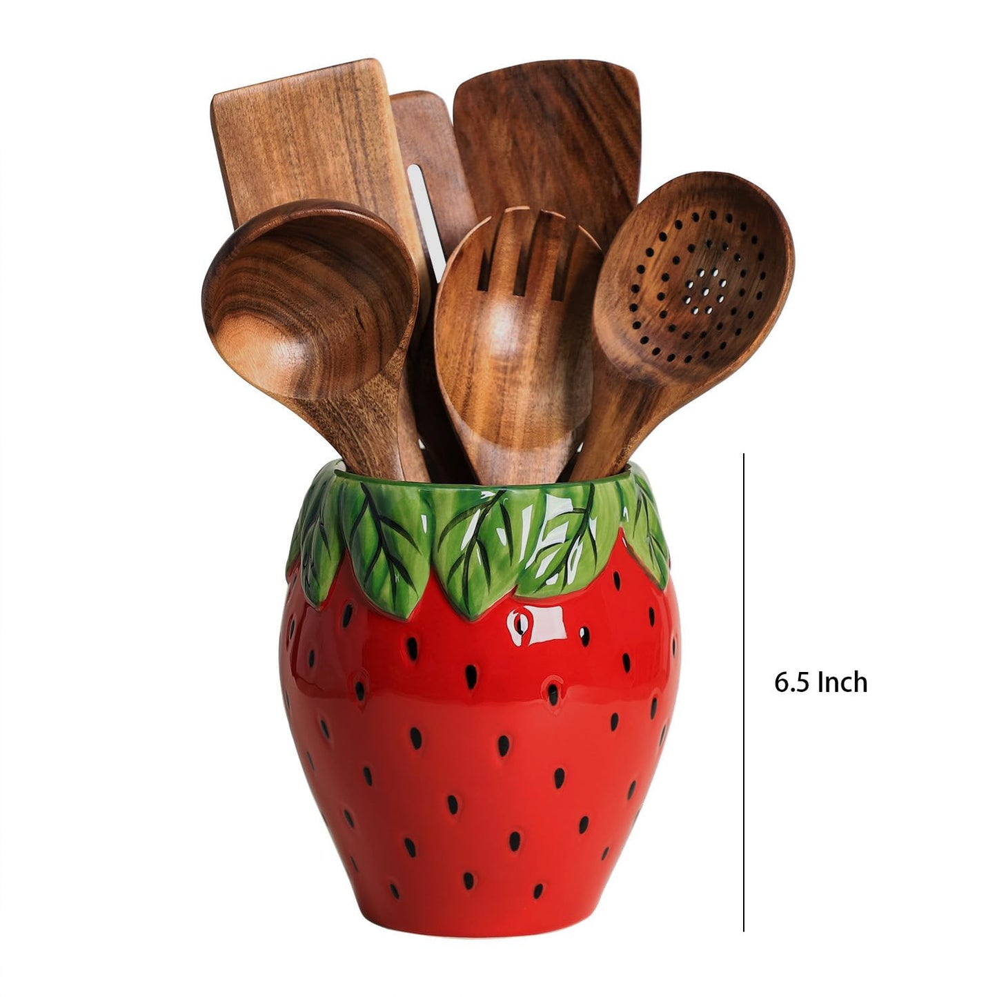Bicuzat Strawberry Shaped Ceramic Kitchen Utensil Holder, Large Cooking Utensil Crocks for Kitchen Countertop, Ceramic Utensil Organizer for Spatula, Kitchen, Home Decoration-Retro Red