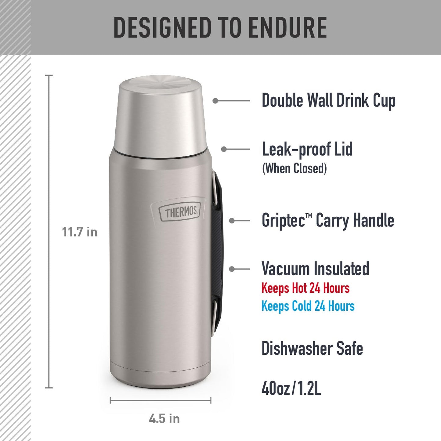 THERMOS ICON SERIES, Stainless Steel Beverage Bottle, Matte Stainless Steel, 40 oz