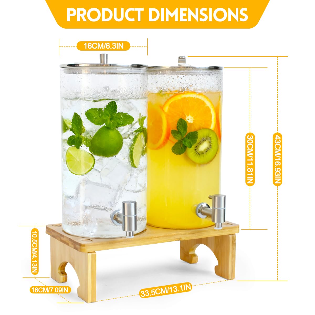 2 Pack 1.5 Gallon Drink dispenser with Stand，Glass Beverage Dispenser With Wood Stand, 18/8 Stainless Steel Spigot and Labels Large Water Drink Dispensers for Parties, Lemonade,Juice, Tea