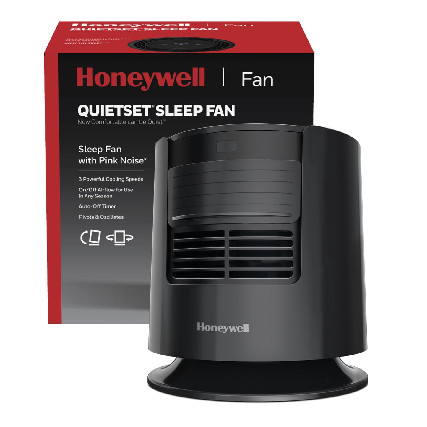 Honeywell QuietSet™ Personal Sleep Fan Noise Machine with Pink Noise, 3 Speeds, Adjustable Head, Nightstand and Bedside Fan, Black, HTF300B