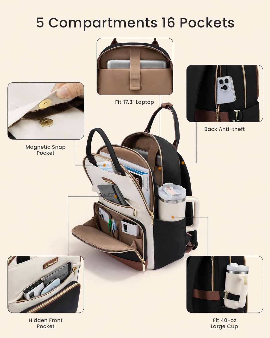 LOVEVOOK Laptop Backpack for Women with Giant Tumbler Holder Pocket, 17 inch Large Travel Work Backpack Purse for Teacher Nurse, Waterproof College Book Bag Cute Casual Daypack, Beige-Black-Brown