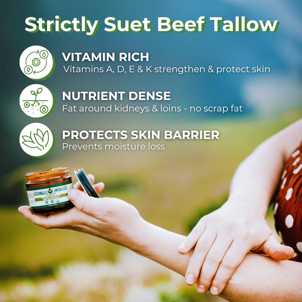 Greenstead Naturals Grass Fed Beef Tallow for Skin – USDA-certified Organic Whipped Tallow Balm For Face and Body with Jojoba Oil and Cocoa Butter – Unscented and Herb-Infused – 2 oz