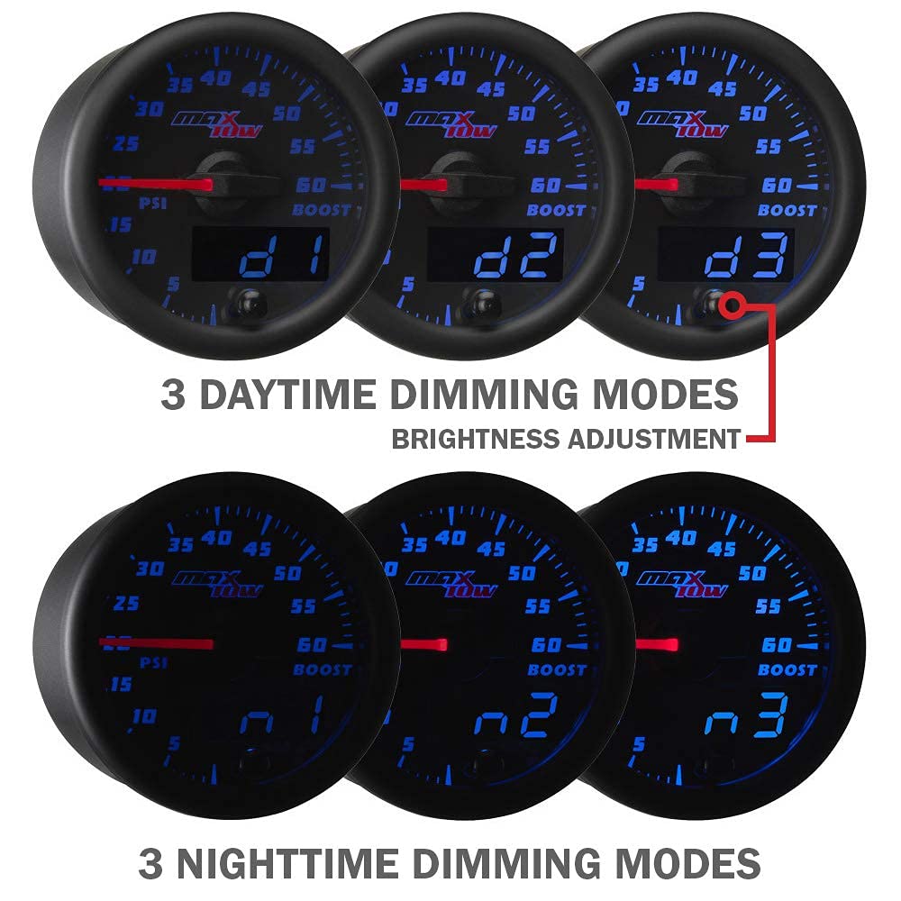 MaxTow Double Vision 260 F Transmission Temperature Gauge Kit - Includes Electronic Sensor - Black Gauge Face - Blue LED Illuminated Dial - Analog & Digital Readouts - for Trucks - 2-1/16" 52mm