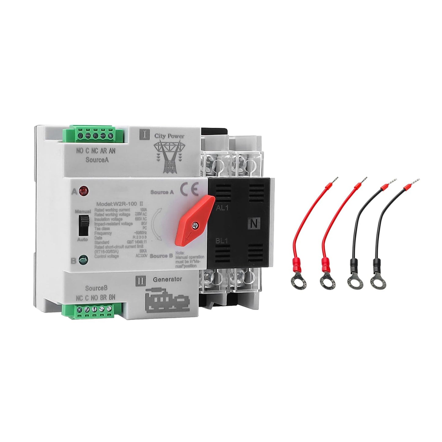 100Amp AC110V Automatic/Manual Transfer Switch 2P 50/60Hz, 2POLE 100A Mini ATS Solar Auto Dual Power Switch for Home Generator, Din Rail Mounted Cn Automatic Changeover Fast Transfe for Rv, Lv Power