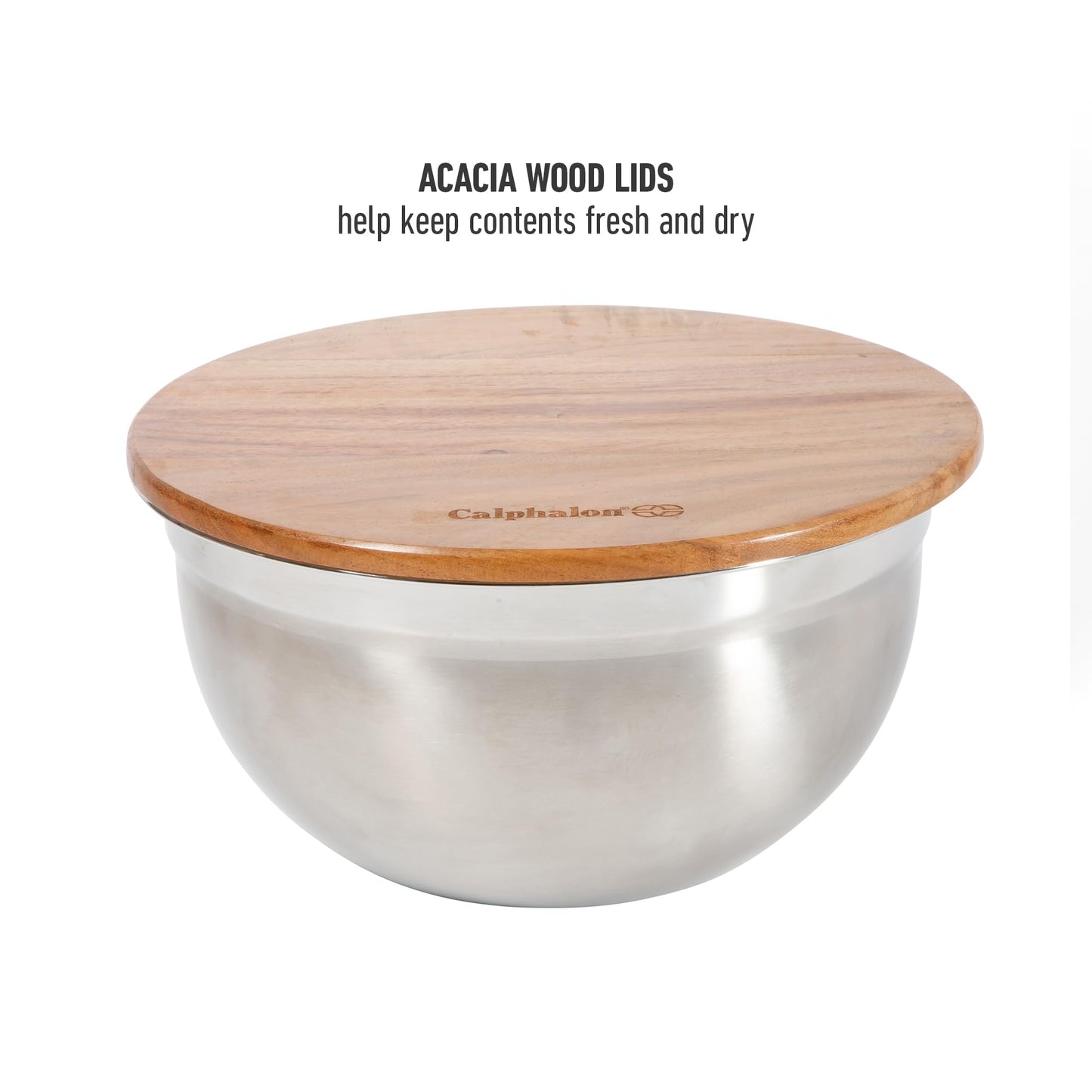 Calphalon Orbit Mixing Bowl Set, 3-Piece Stainless Steel Mixing Bowls(1.5 Qt, 3 Qt, 5 Qt) with Acacia Wood Lids & Non-Slip Base, Kitchen Prep Bowls for Mixing, Serving & Food Storage