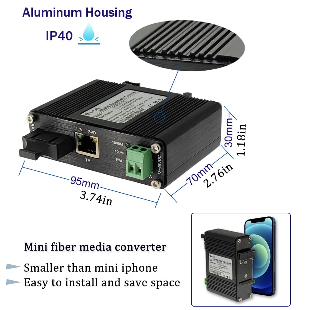 Steloproad Mini Industrial Gigabit Media Converter Hardened 10/100/1000Mbps RJ45 Ethernet Optical Transceiver with 100/1000Base-FX SC Port Auto Detection Up to 20km Over Single Mode Fiber 12~48V DC