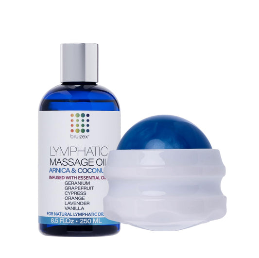 Arnica Coconut Lymphatic Massage Oil & Fibro Roller Lymphatic Massage Roller Ball Bundle, for Fibrosis Treatment, Manual Lymph Drainage & Post Surgery Recovery