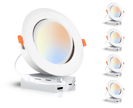 CLOUDY BAY 15W 6 inch 5 Color Swivel LED Gimbal Recessed Light with Junction Box, IC Rated Air Tight Flicker Free,120V CRI90+, 2700K/3000K/3500K/4000K/5000K Temperature Selectable,White, Pack of 4