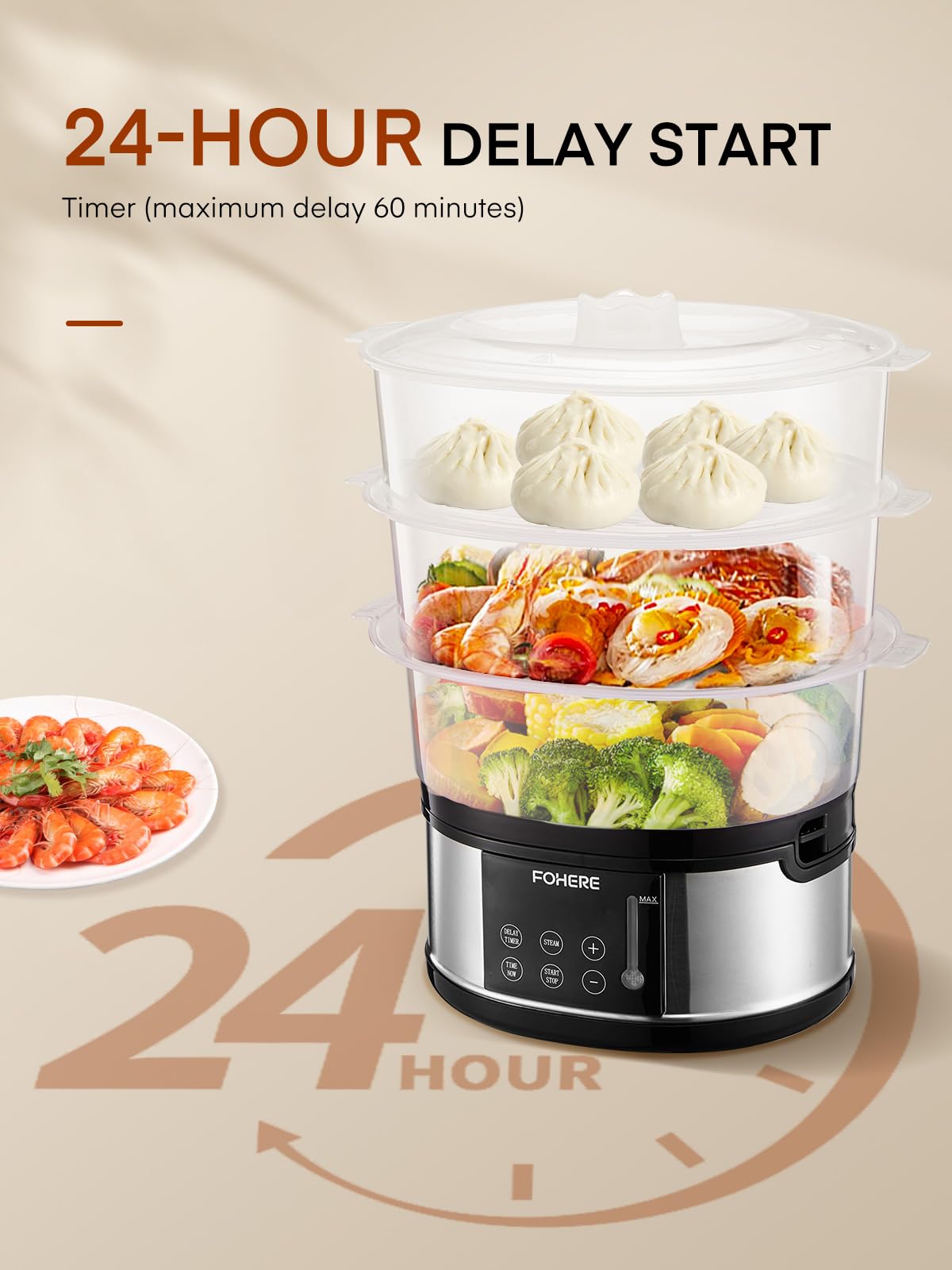 FOHERE Food Steamer for Cooking,13.7QT Vegetable Steamer with Stackable 3 Tiers BPA-Free Baskets,800W Electric Steamer Pot 60-Minute Timer, 24H Delay Start Timer for Veggies Seafood Rice