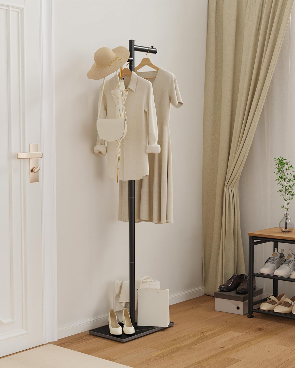 ENUMAIL Garment Rack, Freestanding Metal Coat Racks, Z-shaped Coat Tree with Natural Rock Base, for Bedroom, Office, Hallway, Entryway, Living Room, 175cm, Black