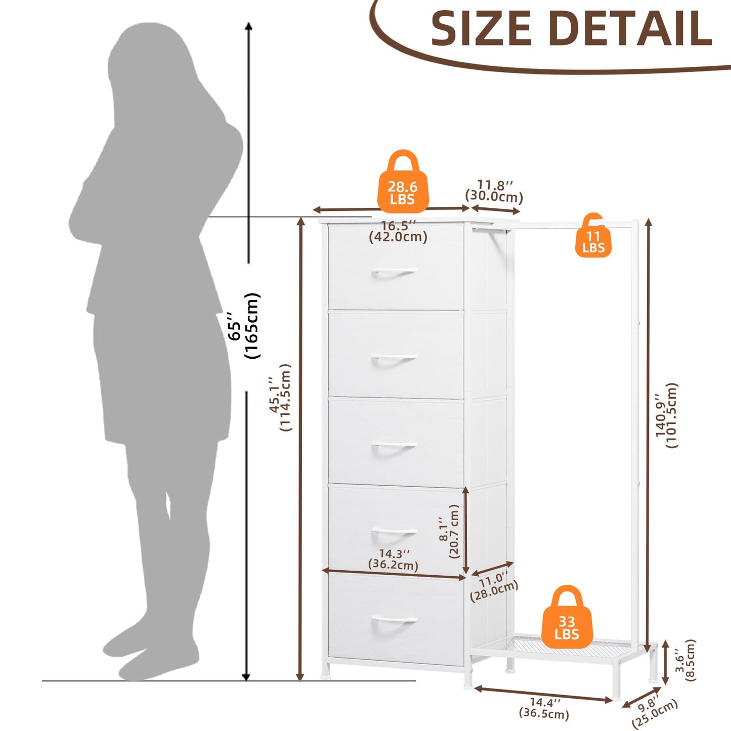 Somdot Dresser with Hanging Rack, 5 Drawers Small Closet for Bedroom, Reversible Dresser with Clothes Rack, Kids Dressers for Bedroom Chest of Drawers, Tall Storage Tower, White Leather