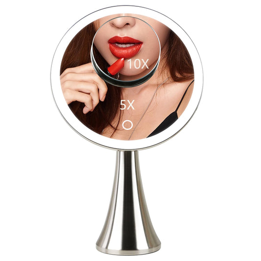 9inch Lighted Round Makeup Vanity Mirror, 5X/10X Dual Magnification with Ultra Bright LED Lights Beauty Mirror, Rechargeable, Cordless, Touch Control Adjustable Brightness, Brushed Stainless Steel