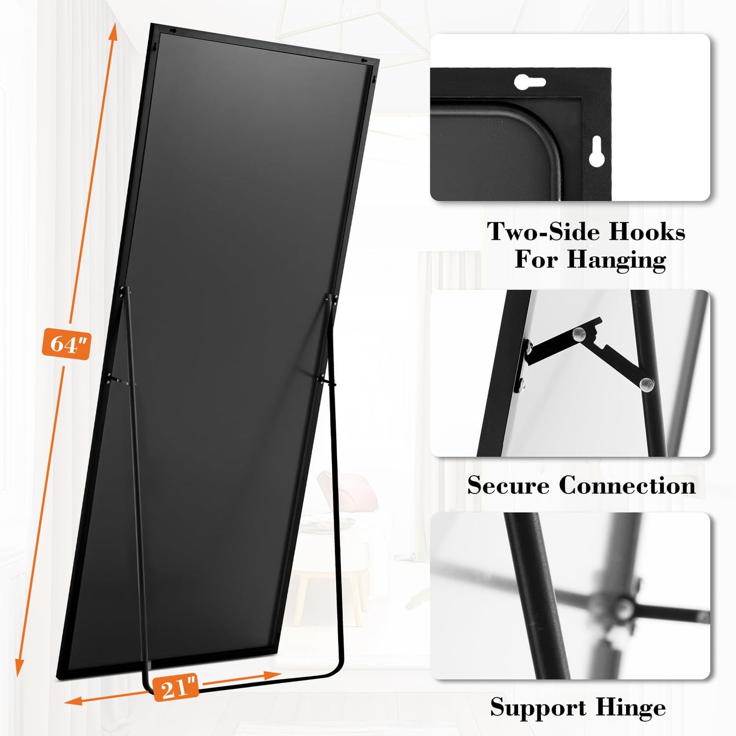 Aidoly Mirror Full Length, Upgraded 21"x64" Body Wall Mirrors with Shatter-Proof Glass, Floor Standing, Hanging or Leaning, Tall Mirror with Stand Aluminum Alloy Frame for Bedroom, Black