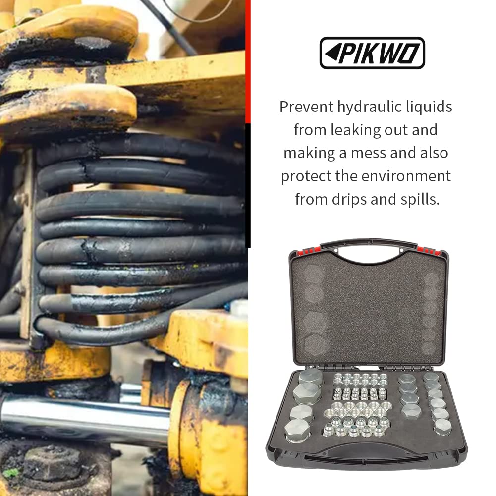 Pikwo 72Pcs JIC 37° Flare Cap and Plug Kit Hose Tube and Pipe Fitting Set Hydraulic Cap and Plug Kit Galvanized 45# Steel with Precision Threading Dash Sizes -04-06 -08-10 -12-16