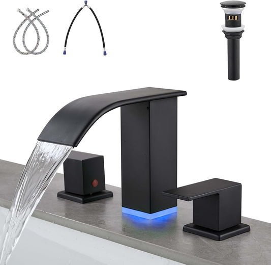 Kyatinsal LED Light Black Waterfall Bathroom Faucet 3 Holes - 8Inch Widespread Bathroom Sink Faucet | Two Handles Lavatory Vanity Sink Faucets with Pop-up Drain Assembly