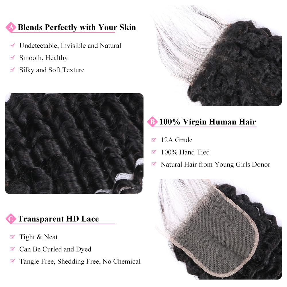 5x5 HD Lace Deep Wave Ultra-thin Transparent Lace Closure 12A Brazilian Virgin Human Hair Closure Free Part Pre Plucked with Baby Hair Natural Black 16 Inch