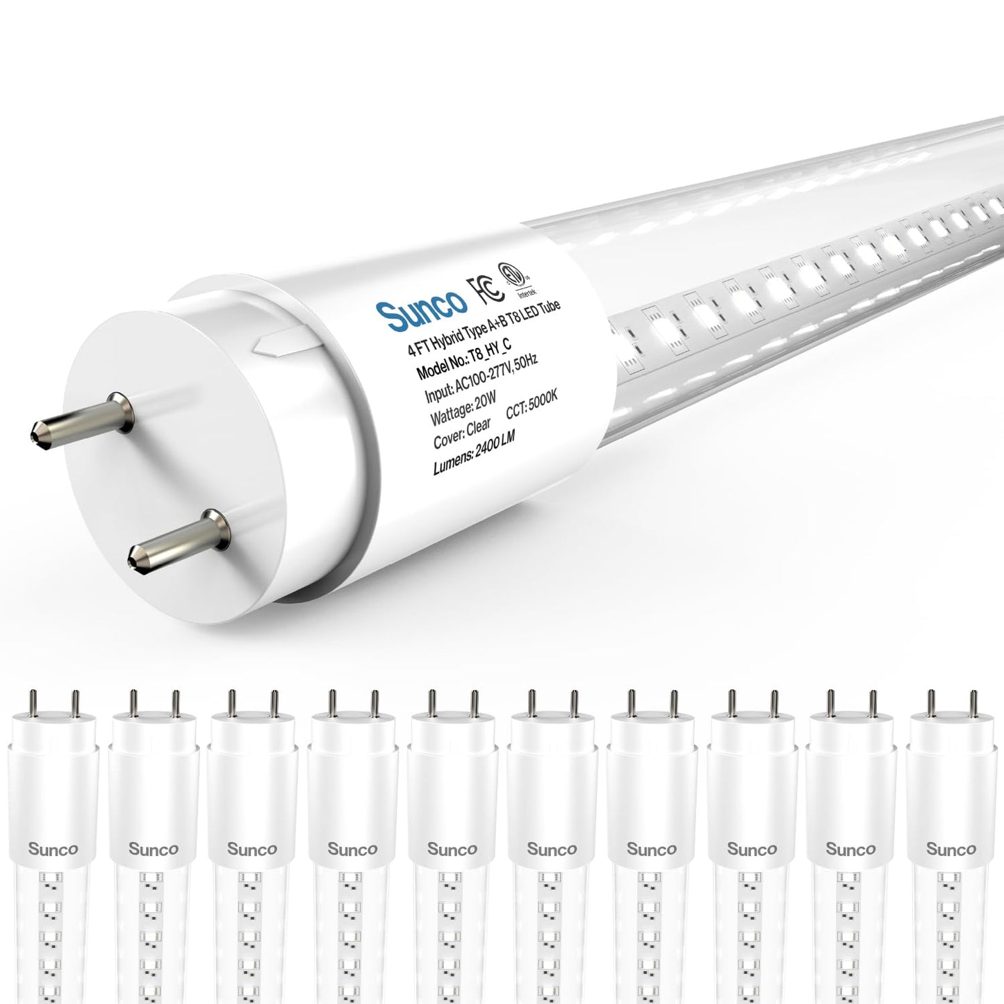 Sunco 10 Pack T8 LED Bulbs 4 Foot, 48 Inch Tube Light Bulbs Fluorescent Replacement, Single or Double Ended Hybrid Type A+B, 2400 LM, 20W, 5000K Daylight, Clear Lens ETL.