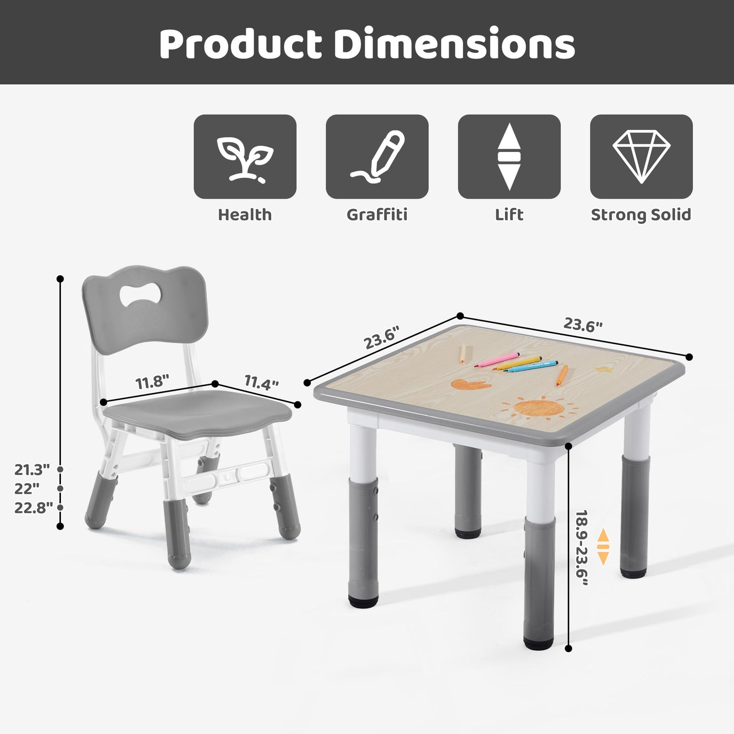 CuFun Kids Table & Chairs Set (2 Chairs) Height Adjustable for Ages 2-8 | Non-Slip Toddler Activity Table with Wipe-Clean Desktop, Montessori Learning & Art Drawing Tables for Home Preschool