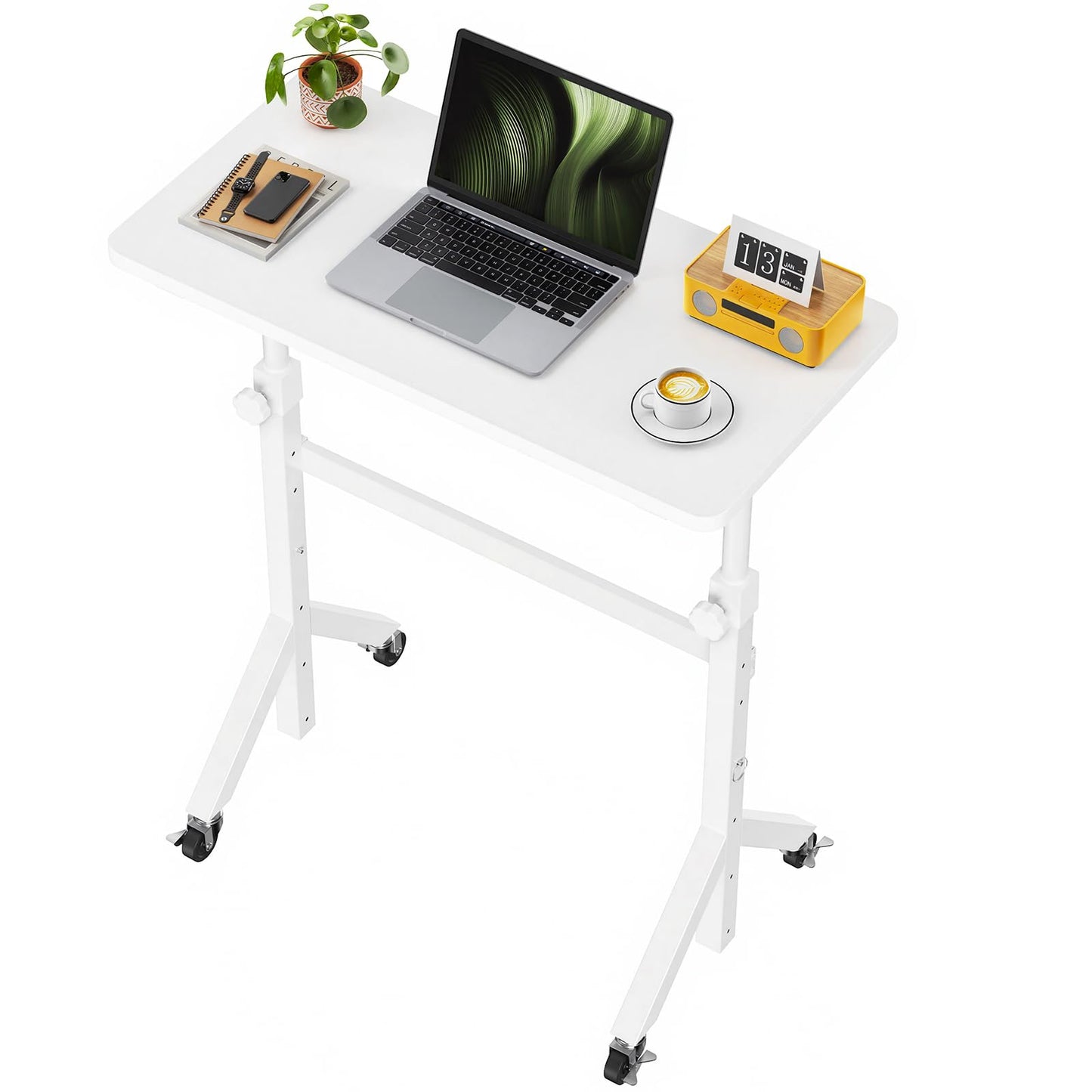 Marsail Mobile Stand Up Desk with Wheels, Adjustable Height Desk from 28.3″ to 46.5″, Rolling Standing Desk with Lockable Wheels, Portable Small Desk for Walking Pad and Treadmill, White