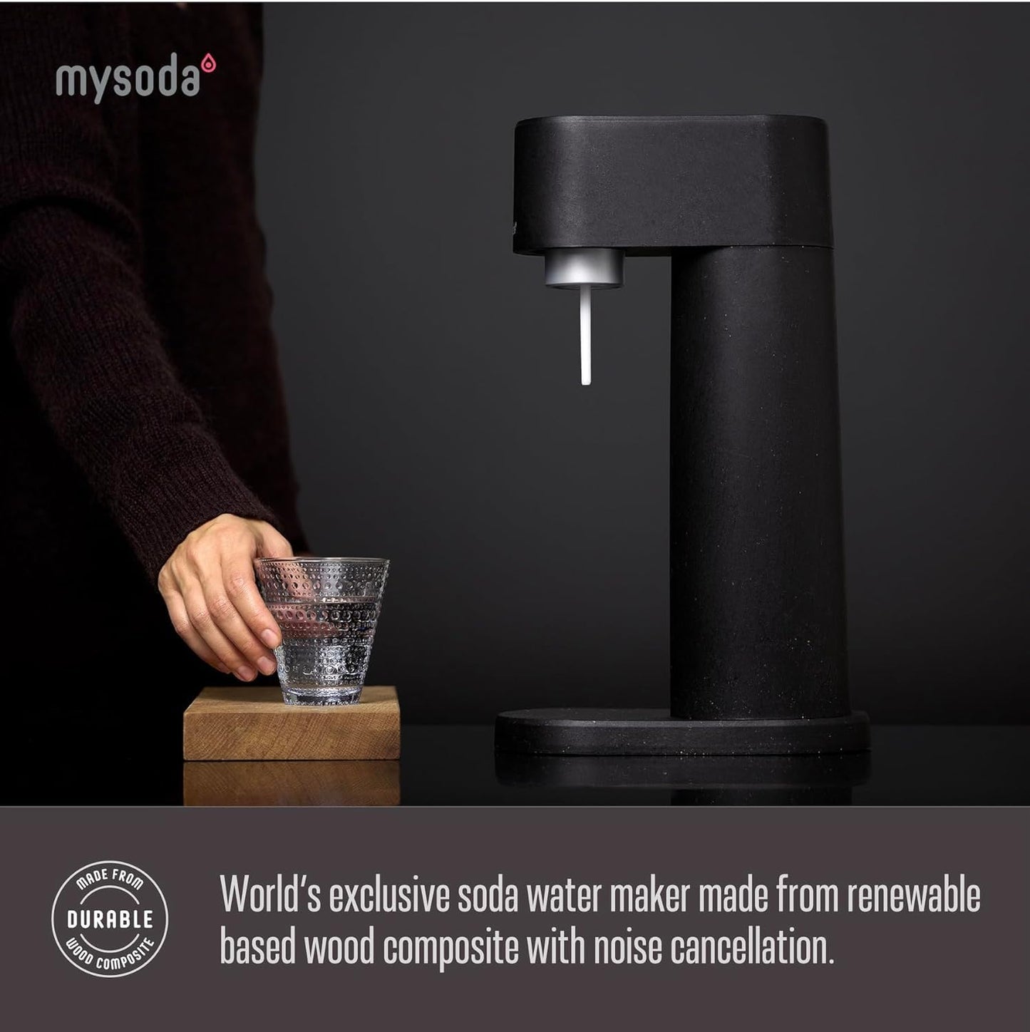 Mysoda Woody Sparkling Water Maker - Soda Streaming Machine Silent Carbonated Water Machine Robust Long-Lasting Aluminium Soda Maker 1L Water Bottle Without CO2 Cylinder - Black Soda Machine