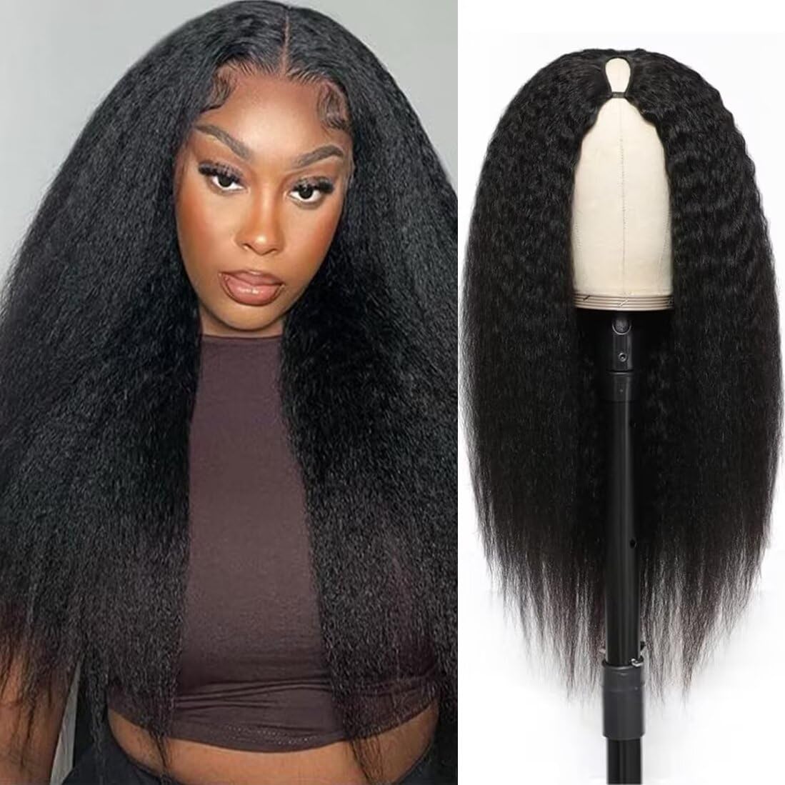 V Part Wig Human Hair Kinky Straight 180% Density Upgrade U Part Human Hair Wig For Women No Leave Out No Glue Beginner Friendly Full Head Clip In Half Wigs Yaki V Shape Wigs 20 Inch Natural Color