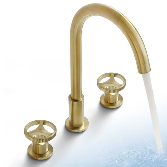 Bathroom Faucets Widespread Two Handle Vanity Faucet Deck Mount Bathroom Faucet 3 Hole Modern Gooseneck Bathroom Sink Faucet Spout, Brushed Gold