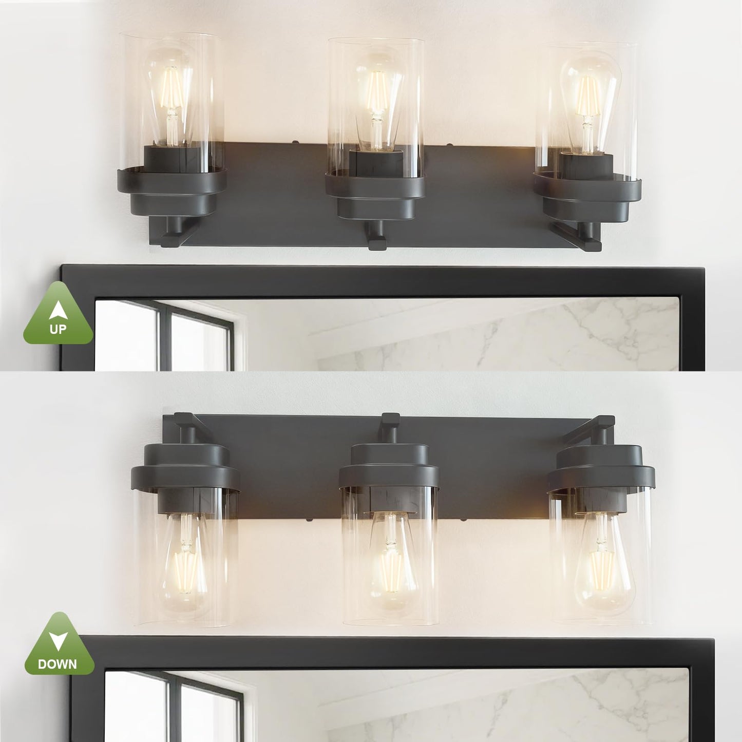LKHF Black Bathroom Light Fixtures, 3 Lights Bathroom Lighting Fixtures Over Mirror, Square Design & Rectangle Large Backplate, Modern Vanity Lighting Fixtures, for Bathroom/Living Room/Bedroom