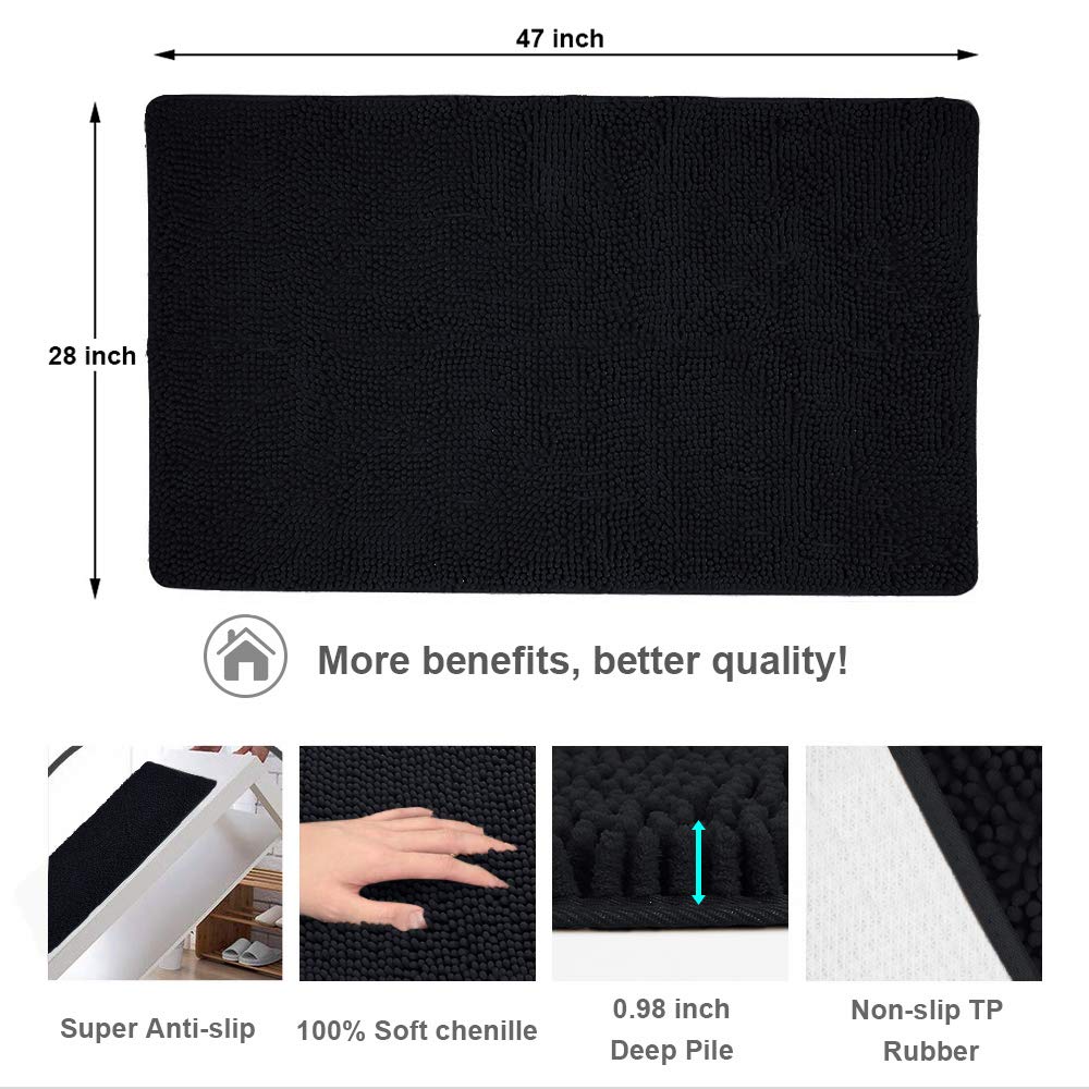 Secura Bathroom Rugs, 47 x 28 Inches, Extra Soft & Thick, Absorbent Water Bath Mat, Machine Washable Non-Slip Bath Mats for Bathroom, Shower, and Tub, Home Decor Accessories (Black)