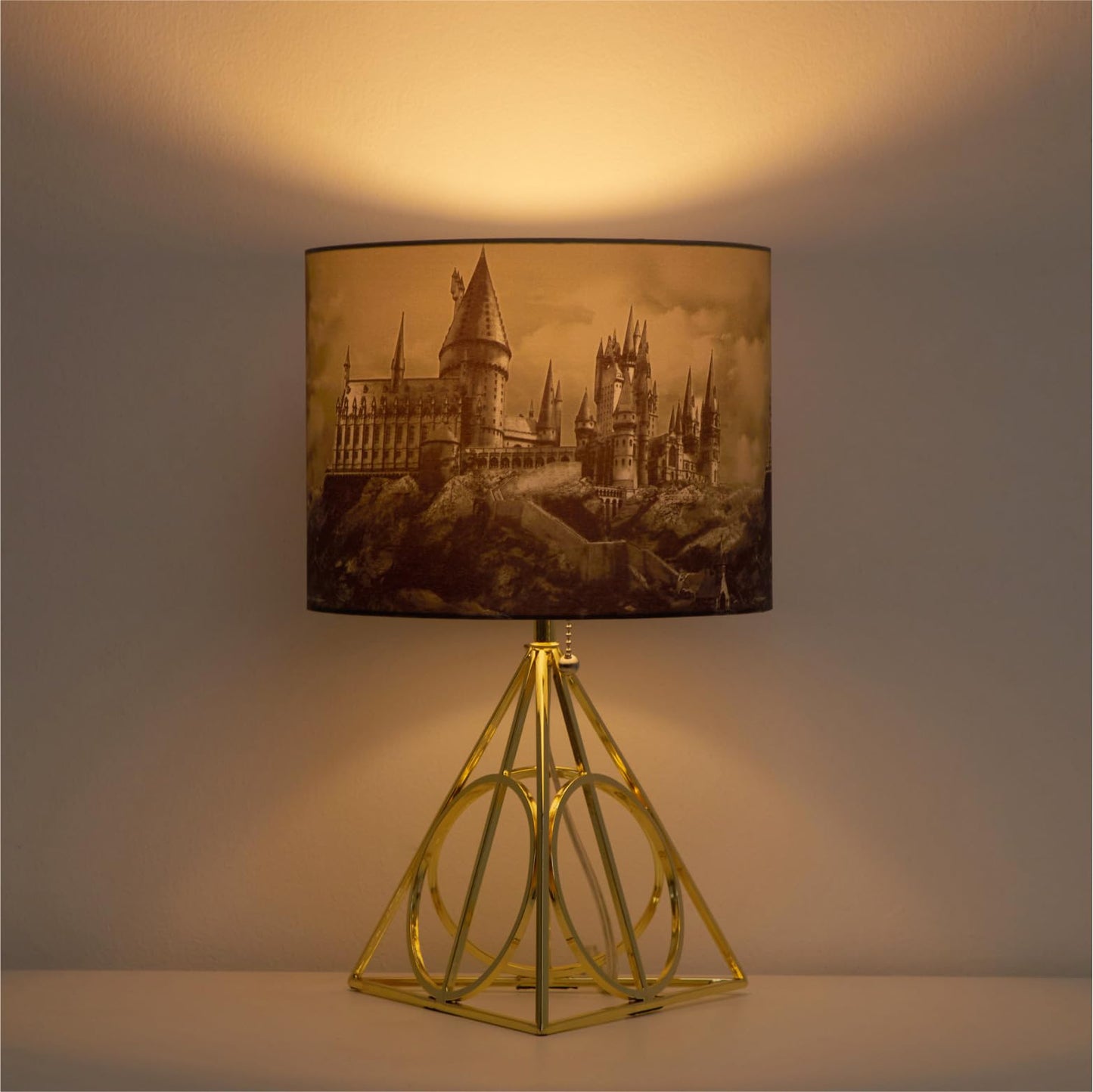 Harry Potter Figural Table Lamp – 16" Tall Gold Wire Base with Printed Hogwarts Shade, Decorative Kids Desk or Nightstand Lamp for Bedroom, Playroom, or Study Area