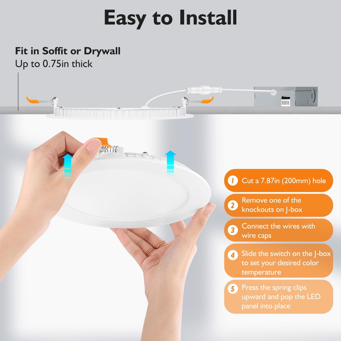 BesLowe 6 Packs 8 Inch 5CCT LED Recessed Ceiling Lights Ultra-Thin with Junction Box, 12W 150W Eqv, 3000K/3500K/4000K/5000K/6500K, 1200LM Dimmable Canless Downlights for Kitchen Hallway Dining Room