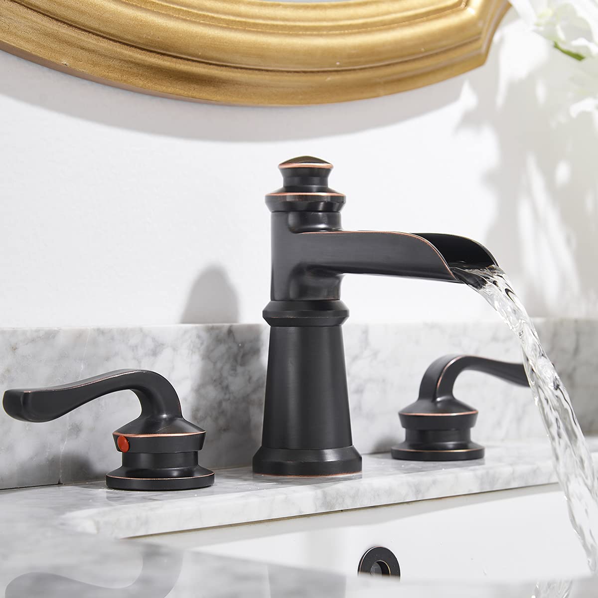 Homevacious Widespread Bathroom Faucet Oil Rubbed Bronze Waterfall 2-Handle with Pop up Drain Assembly Farmhouse 3 Holes 8-16 Inch Sink Rustic Mixer Tap Overflow Commercial Supply Line