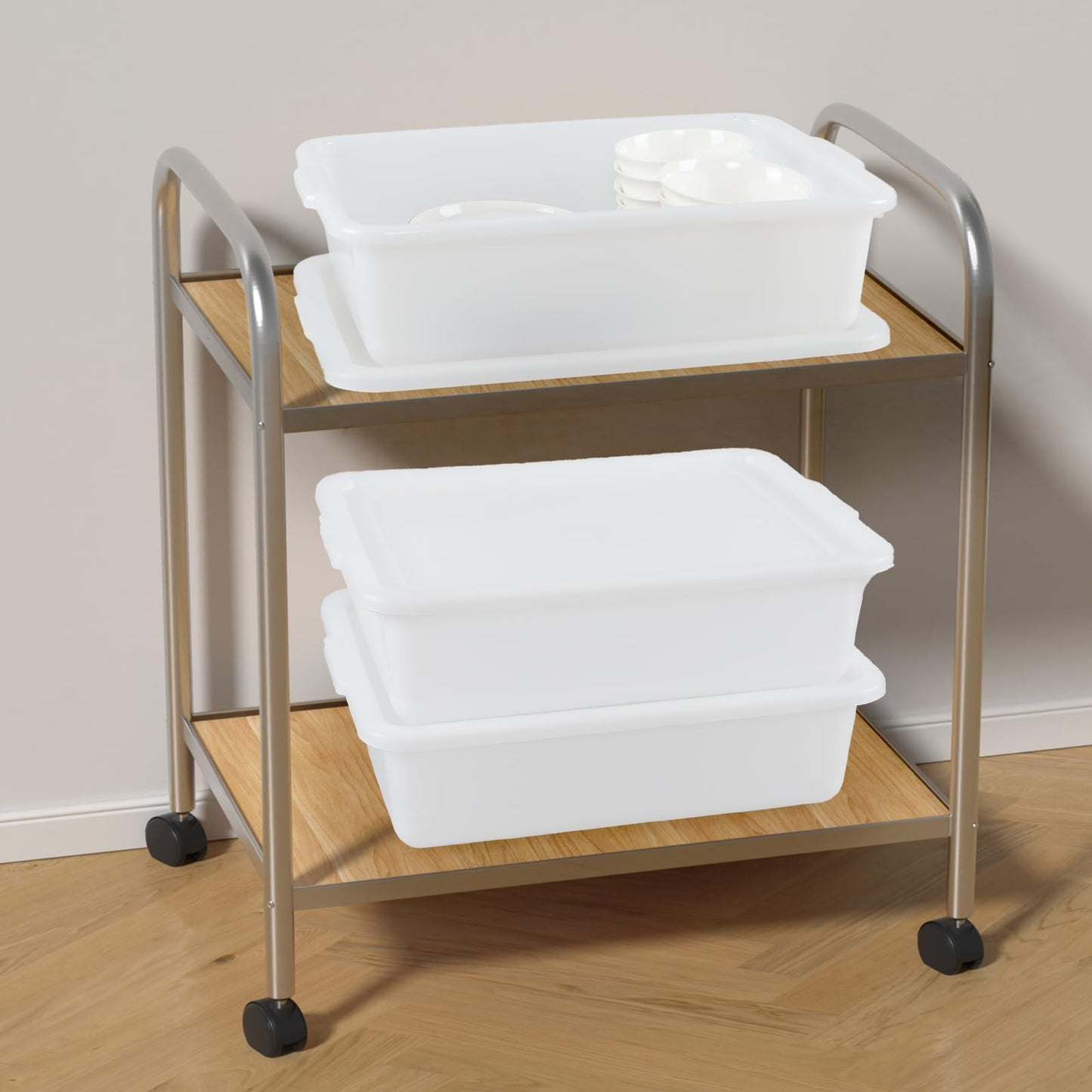Guankan 13 L Commercial Bus Boxes with Lids, White Plastic Food Service Bus Tub, 3 Pack