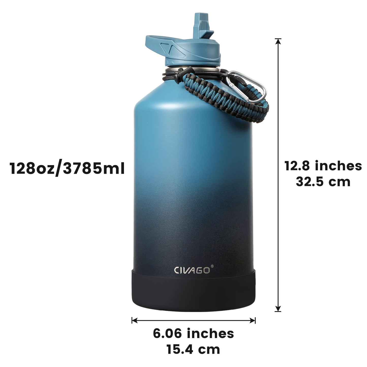 CIVAGO Gallon Insulated Water Bottle Jug with Straw, 128 oz Large Stainless Steel Water Flask, Big Metal Thermal Mug with 3 Lids for Sports, Travel, Gym, and Camping, Black