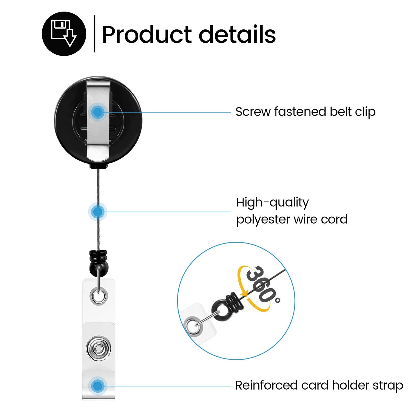 Zonon 100 Pcs Retractable Badge Reel Clips ID Card Holder Reel with Metal Belt Clip for Hanging Cards Key Chains, Name Badge Holders for Nurses Teachers Students (Black)