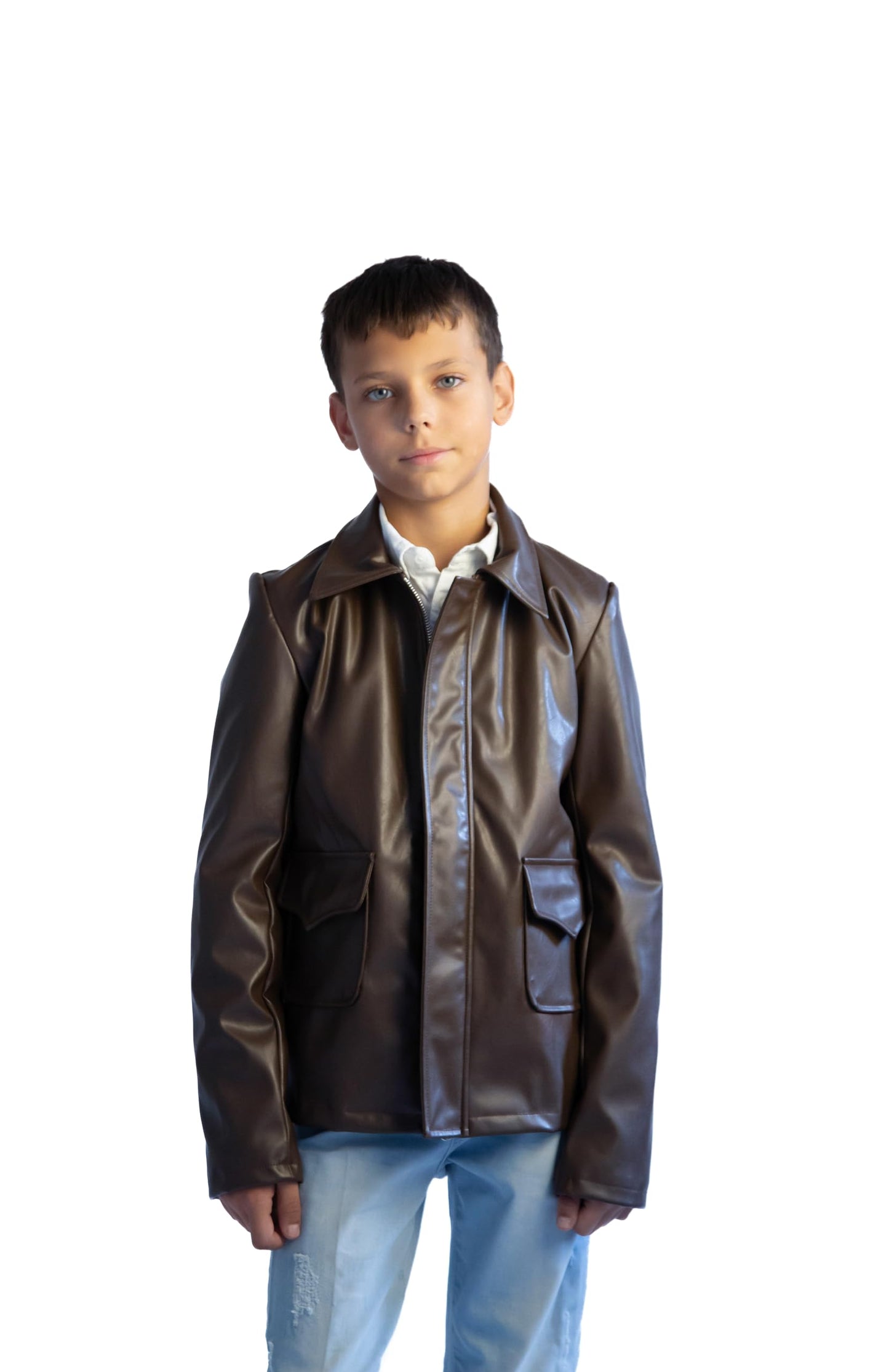 ComfyCamper Kids Teens Faux Leather Jacket Costume Brown – Jungle Explorer Archeologist Lightweight Bomber Racer, 8-10 Years