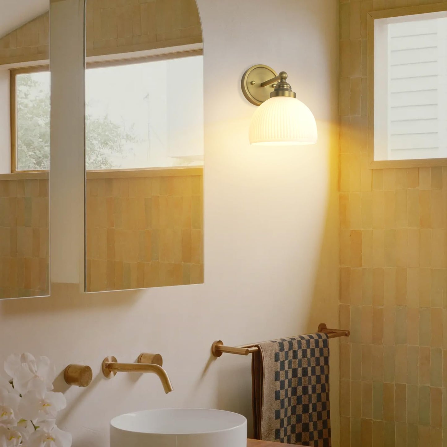 SongCiLT Vintage Wall Sconce 1-Light with White Striped Glass Globe Shade, Indoor Wall Mounted Lamp Fixture for Living Room Bedroom Kitchen Hallway
