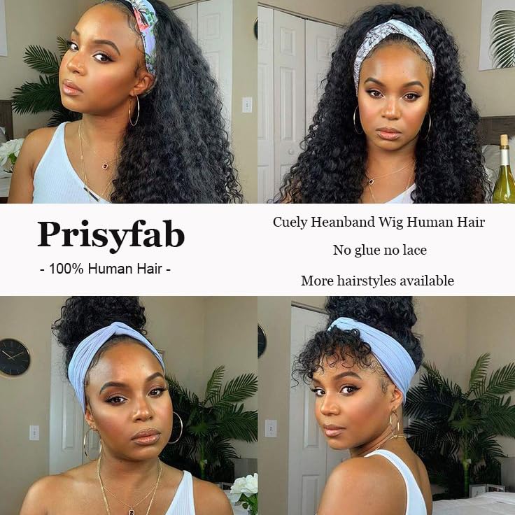 jkahh Curly Headband Wig Human Hair 20Inch Human Hair Headband Wig Glueless Wear and Go Human Hair Scarf None Lace Front Wigs 150% Density Natural Color