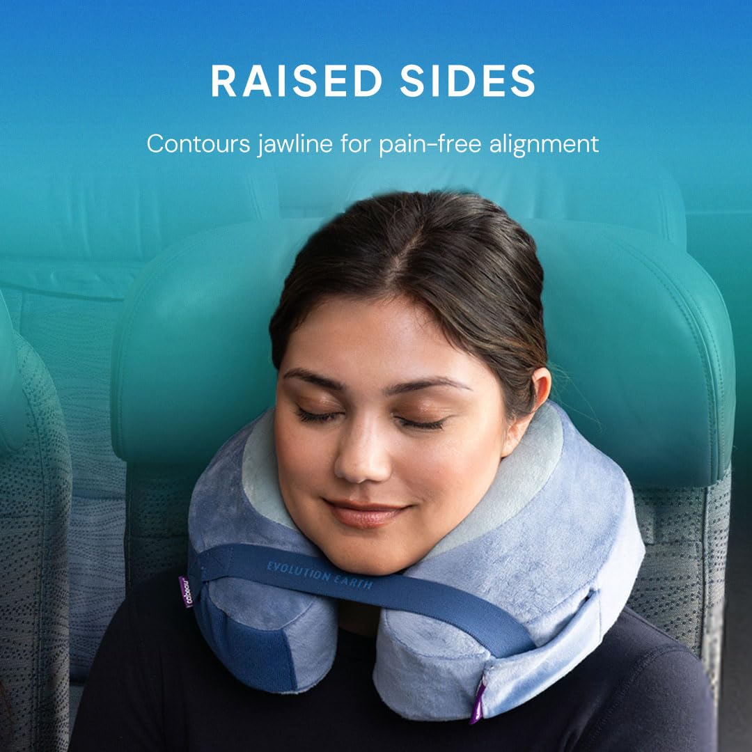 Softest Neck Pillow Ever for Travel – Evolution Earth Deluxe – 360° Head, Neck and Chin Support for Sleeping – Sustainable Memory Foam - Removable, Washable Cover with Compact Carrying Case (Wind)