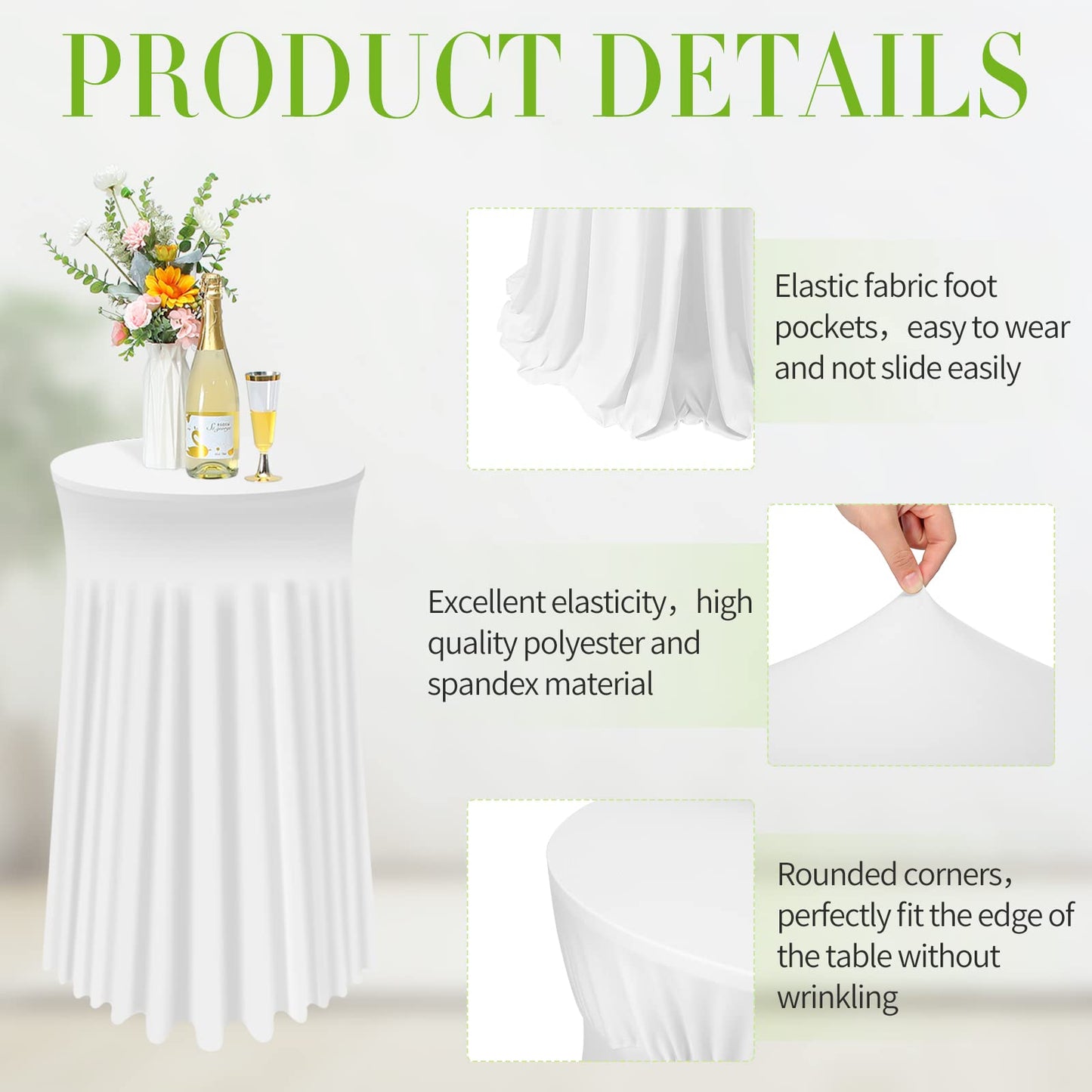 Tegeme 4 Packs Round Spandex Cocktail Tablecloths with Skirt 32 x 43 Inch Cocktail Round Table Cover Spandex Stretch Square Tablecloth Skirt for Table Bar Wedding Party Banquet (White)