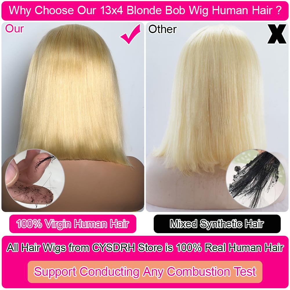 Honey Blonde 613 Lace Bob Wig Human Hair 180% Density 13x4 Transparent Lace Frontal Human Hair Wigs For Women Pre Plucked With Baby Hair 10A Brazilian Remy Human Hair Glueless Lace Bob Wigs - 10 Inch