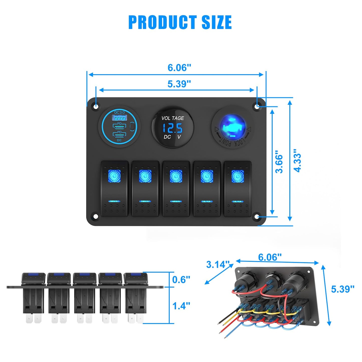 Marine Boat Switch Panel Waterproof, 5 Gang Marine Rocker Switch Aluminum Panel with 3 Port 66W 12V USB Outlet Car Charger, 150W Cigarette Lighter Socket and Blue LED Voltmeter for Truck Car RV, etc.