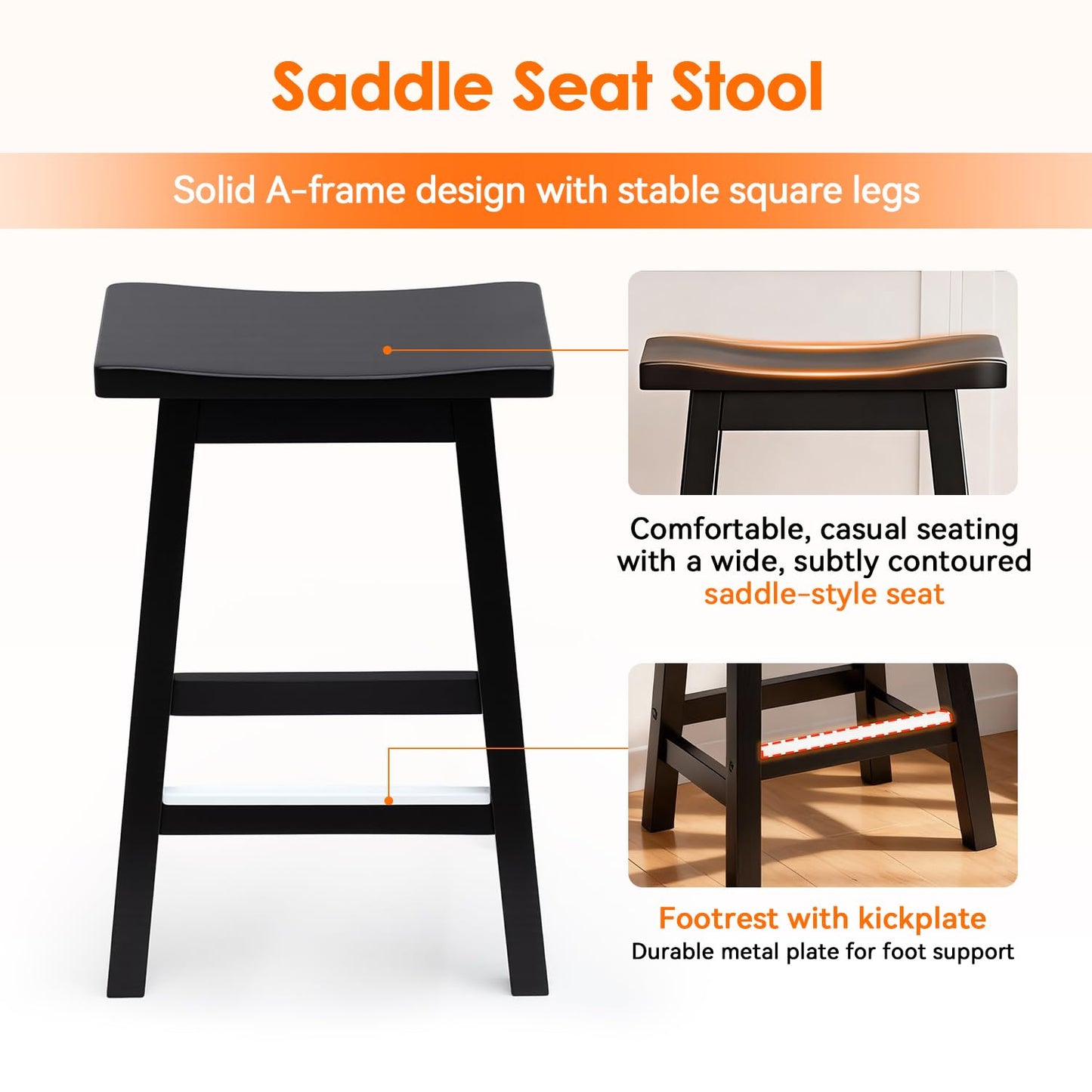 PayLessHere Bar Stools Set of 2, Wooden Saddle Stools 24 Inch Heigh, Bar Chairs Seat with Footrests and Industrial, Kitchen Counter Stools for Restaurant, Bistro Bar and Home Dining