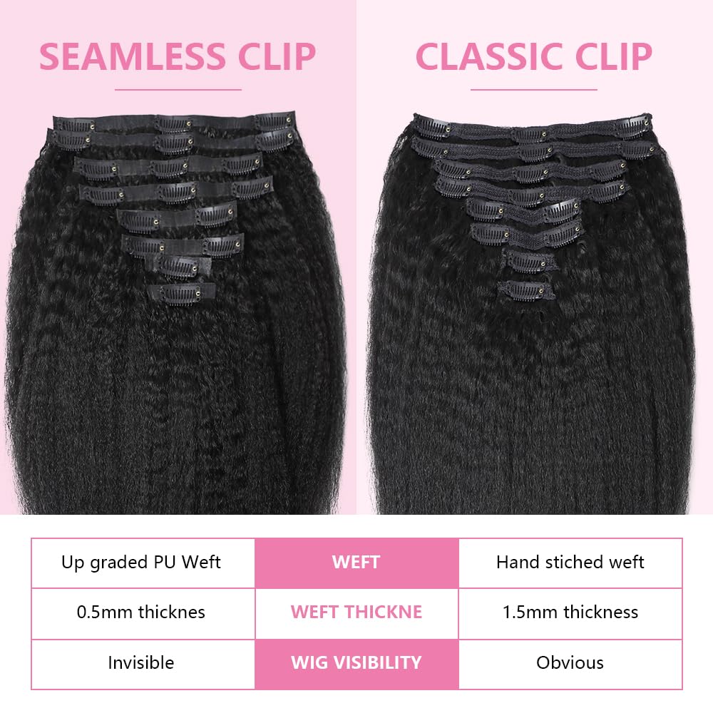 Seamless Clip In Hair Extensions Human Hair Invisible Pu Skin Weft Kinky Straight Seamless Clip Ins For Black Women Real Human Hair Extensions 8pcs With 18clips Per Set 120g (16inch,Natural Black)