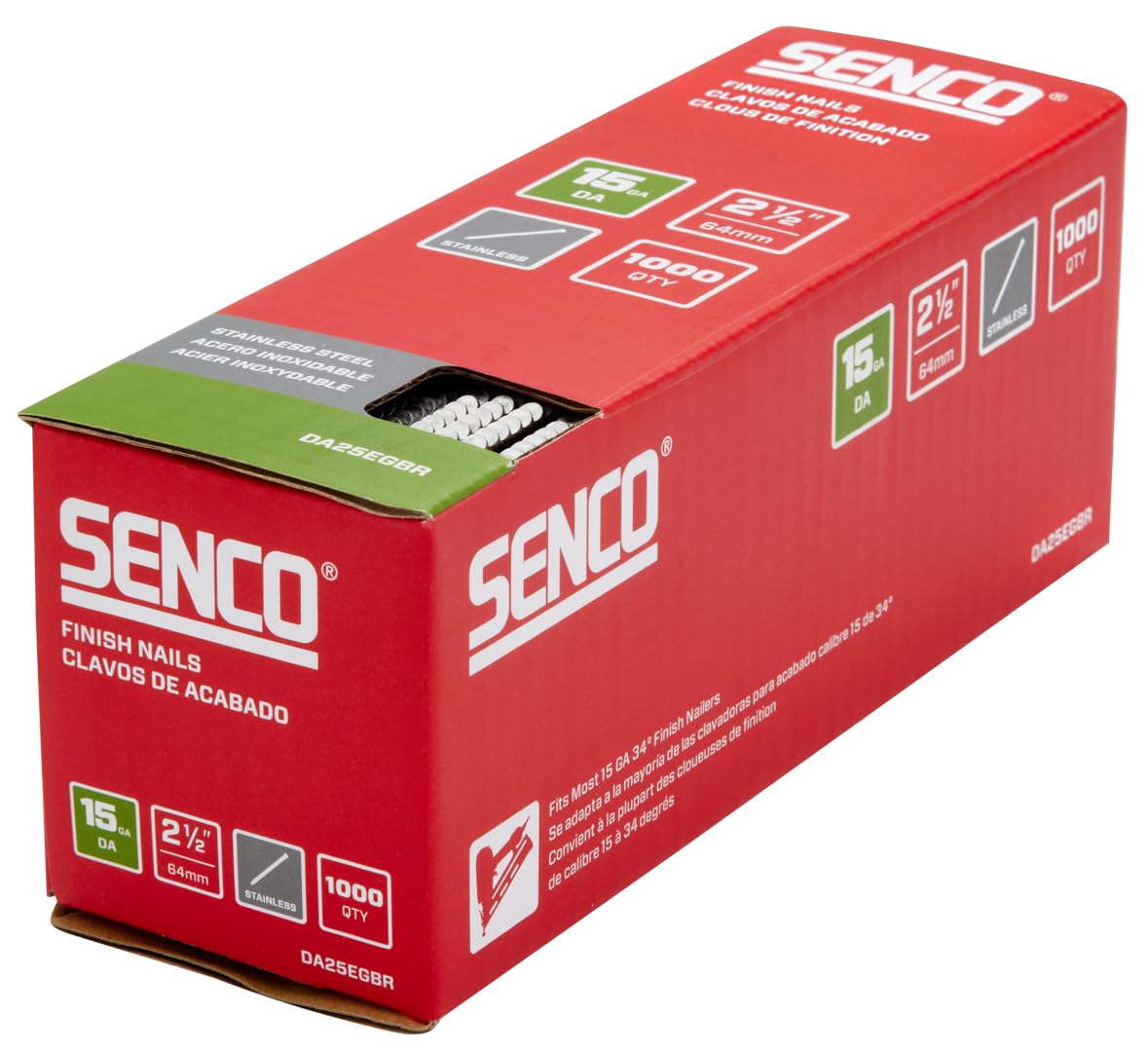 SENCO DA25EGBR 2-1/2" 15 Gauge Angled Finish Nails, Stainless Steel Finish 1,000 Count Pack