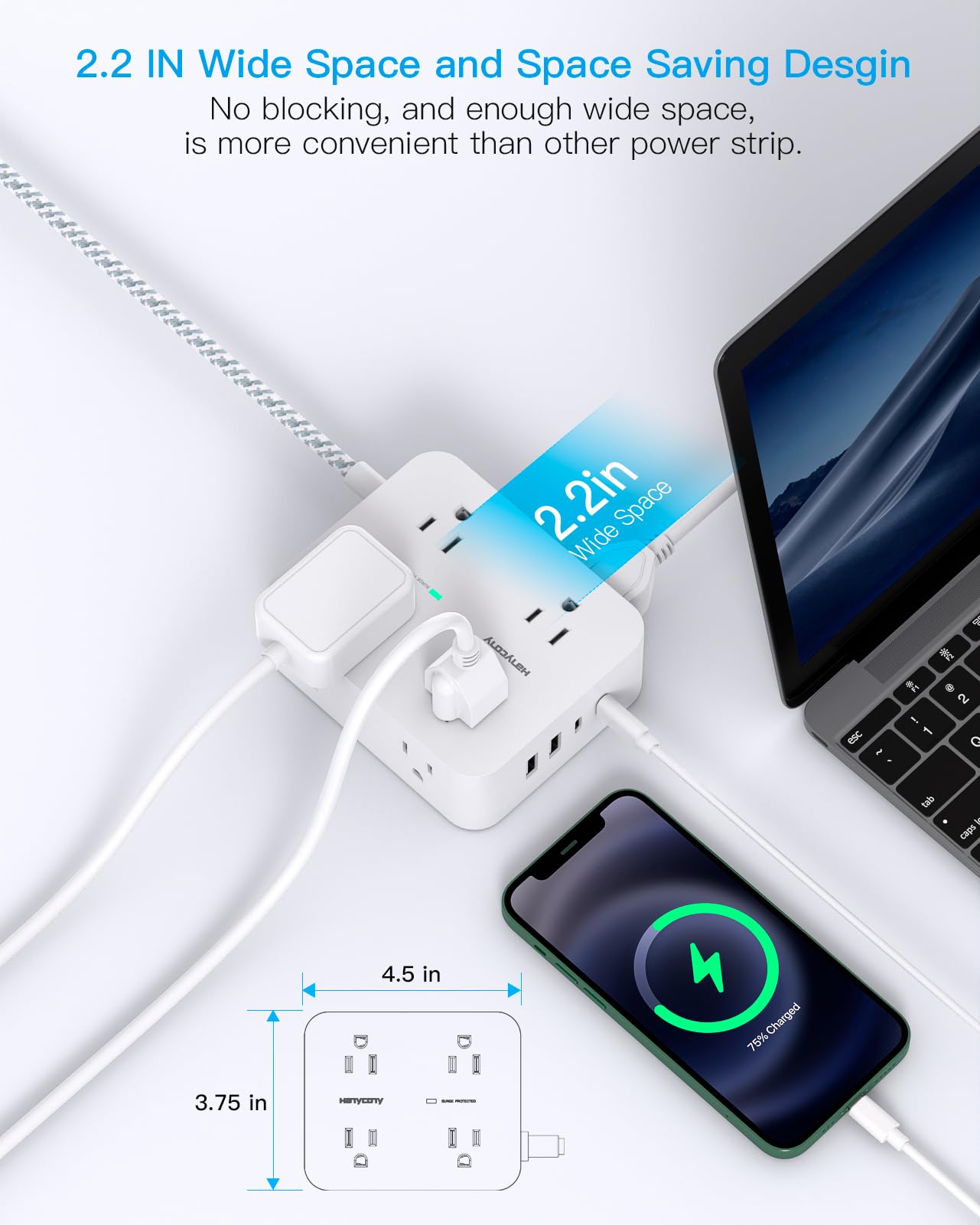 Surge Protector Power Strip 15 Ft Long Cord, Extension Cord 15 Feet with 8 Outlets 4 USB Ports(2 USB C), Flat Plug, Desk Charging Station for Home Office College Dorm Room Essentials