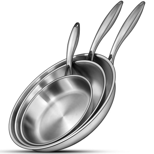 EWFEN Tri-Ply Stainless Steel Frying Pans Set, 8”/10”/12” Cooking pans, PFOA&PTFE Free Skillet, Induction Cooking Pan, Dishwasher and Oven Safe, Fast & Even Heat, Heavy Duty and Detachable Handle