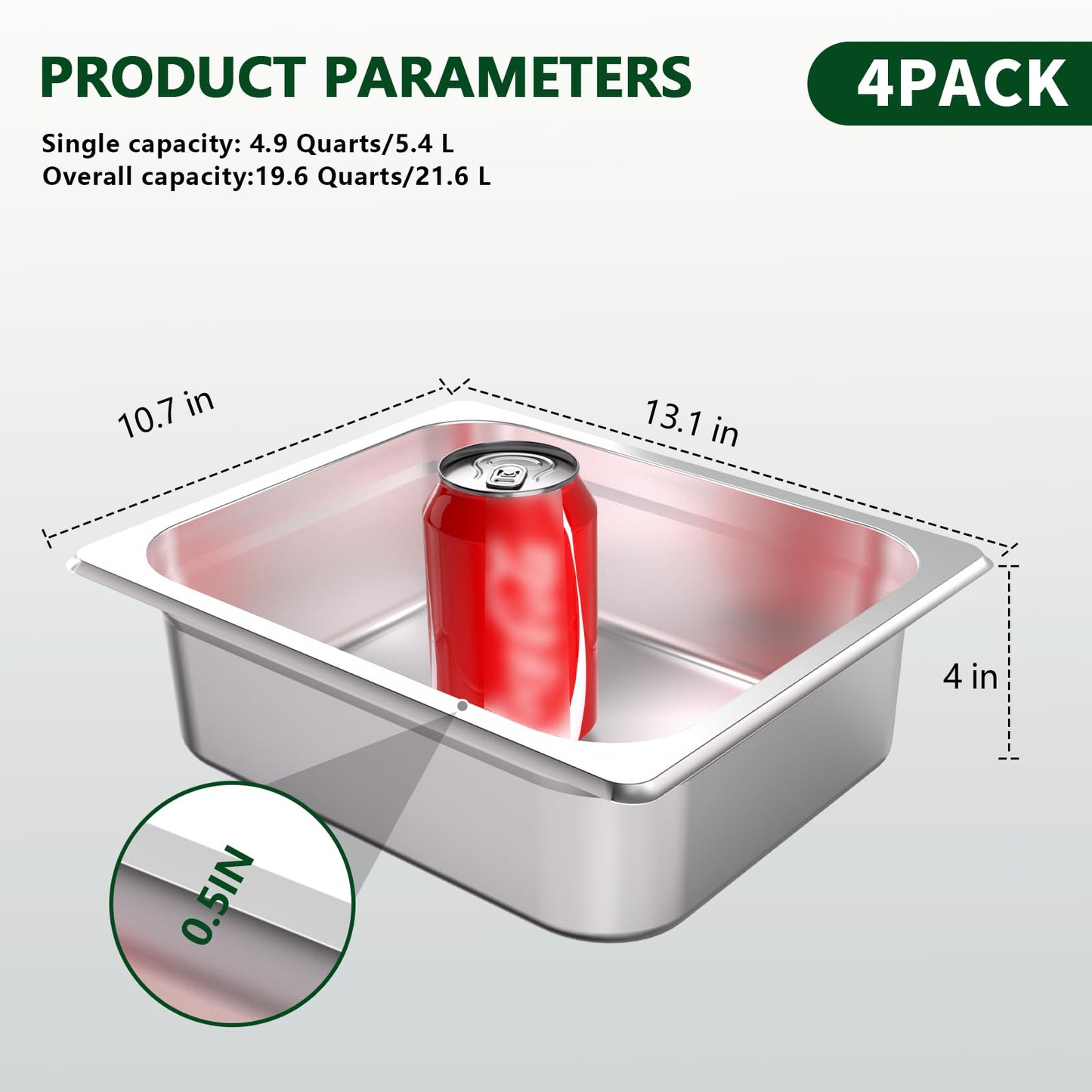 BAKPOCO Hotel Pan with Lid 1/2 Half Size - 4" Deep 4 Packs Stainless Steel Food Pan for Steam Table, Commercial Restaurant, Anti Jam, Buffet, Home