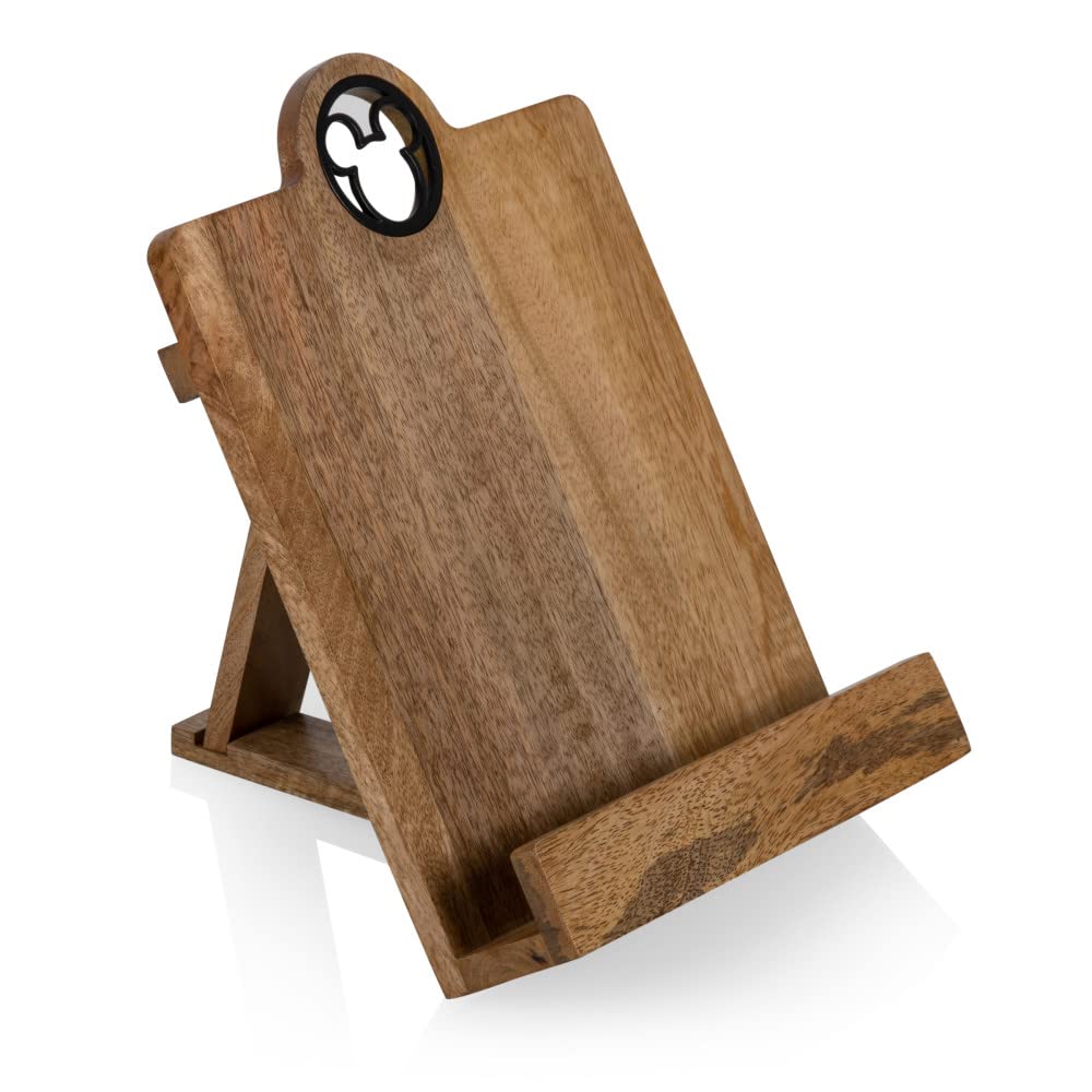PICNIC TIME Disney Mickey Mouse Cookbook Stand and Tablet Holder, Mango Wood Folding Recipe Book Stand with Metal Mickey Icon, Countertop Kitchen Display Stand, (Mango Wood)